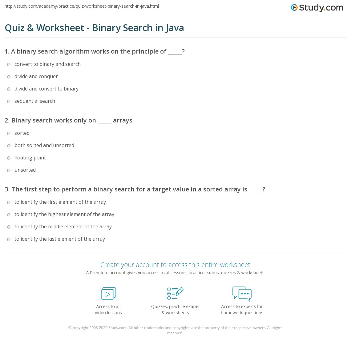 Quiz & Worksheet Binary Search in Java