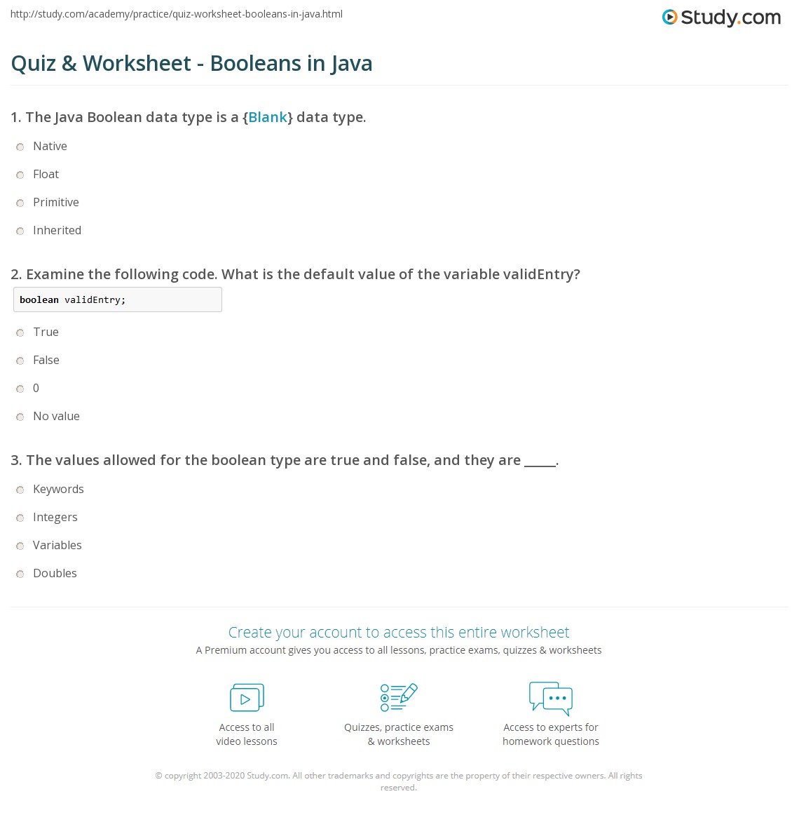 Quiz & Worksheet Booleans in Java