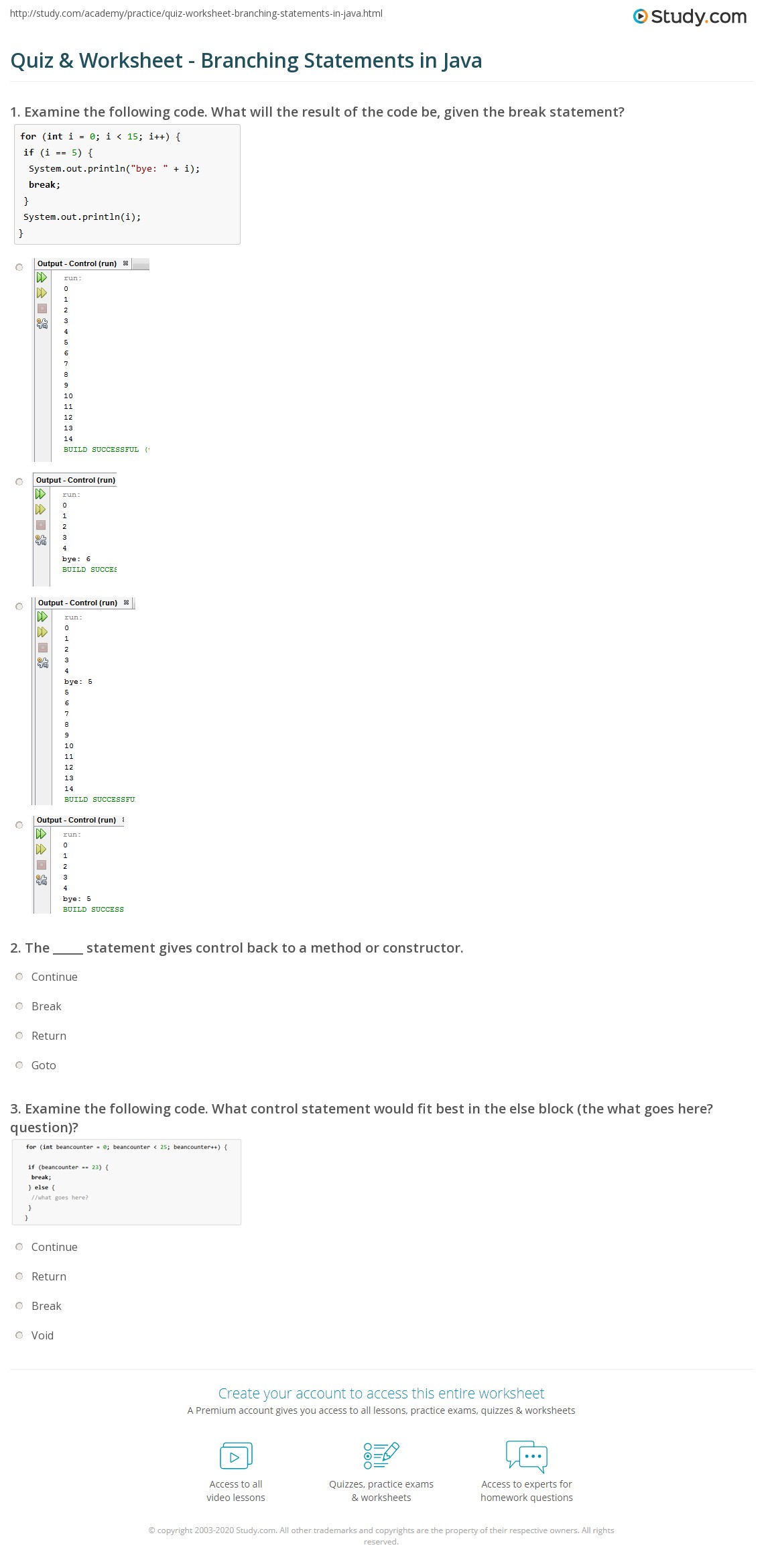 Quiz & Worksheet Branching Statements in Java