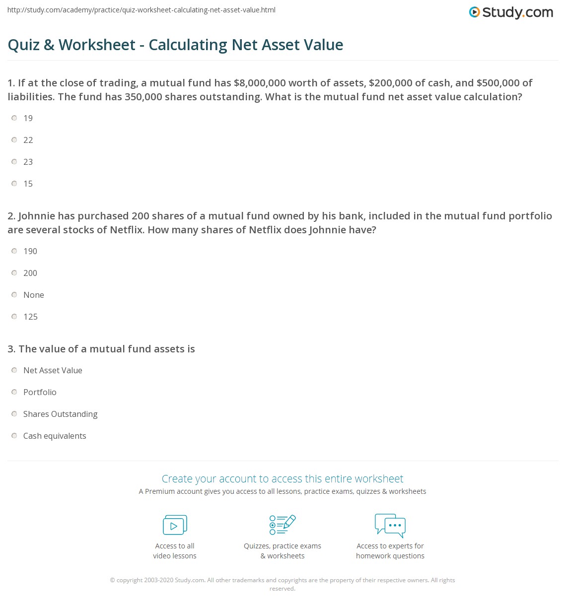 Quiz & Worksheet Calculating Net Asset Value