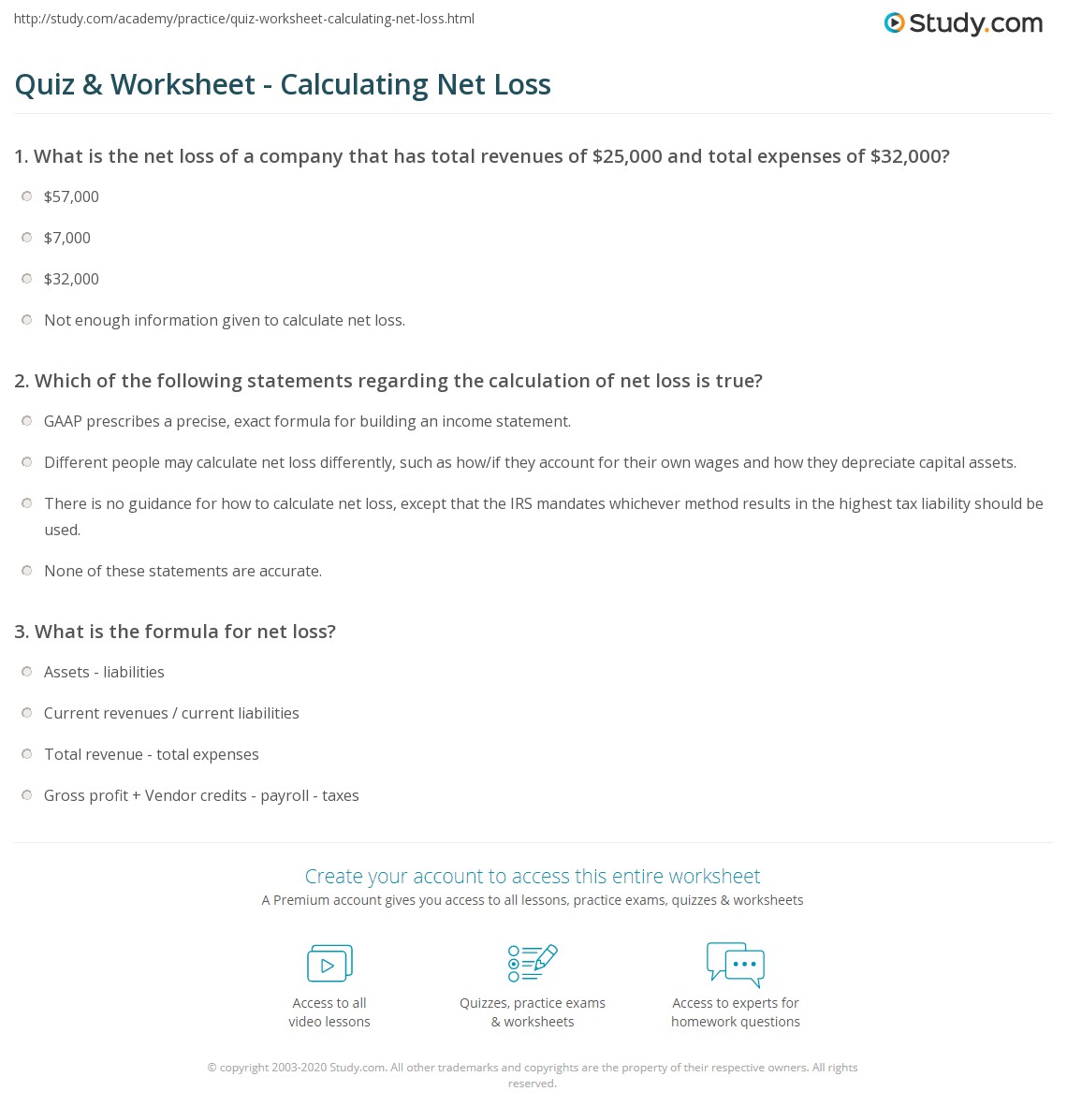 Quiz & Worksheet Calculating Net Loss