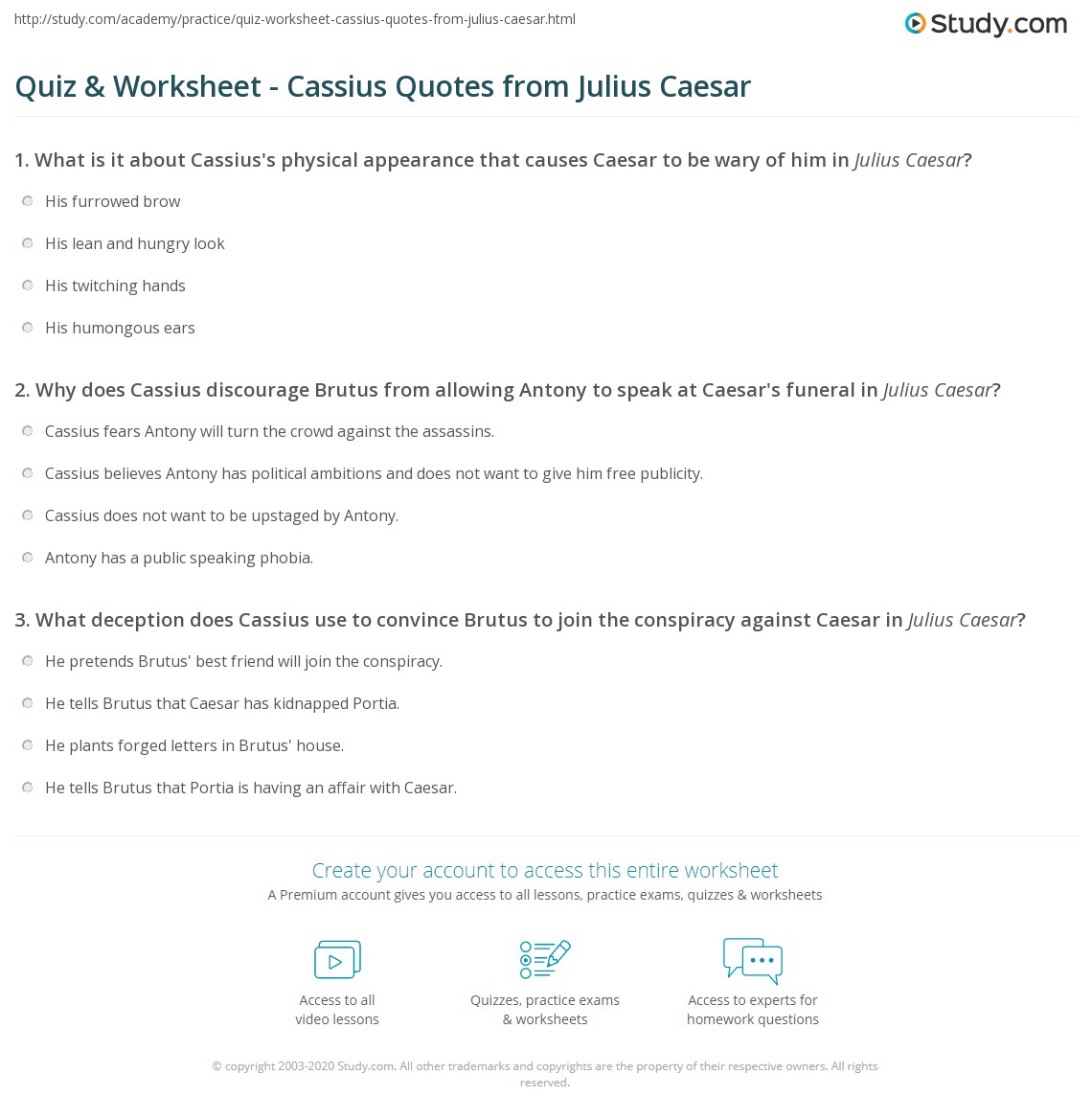 Quiz & Worksheet Cassius Quotes from Julius Caesar
