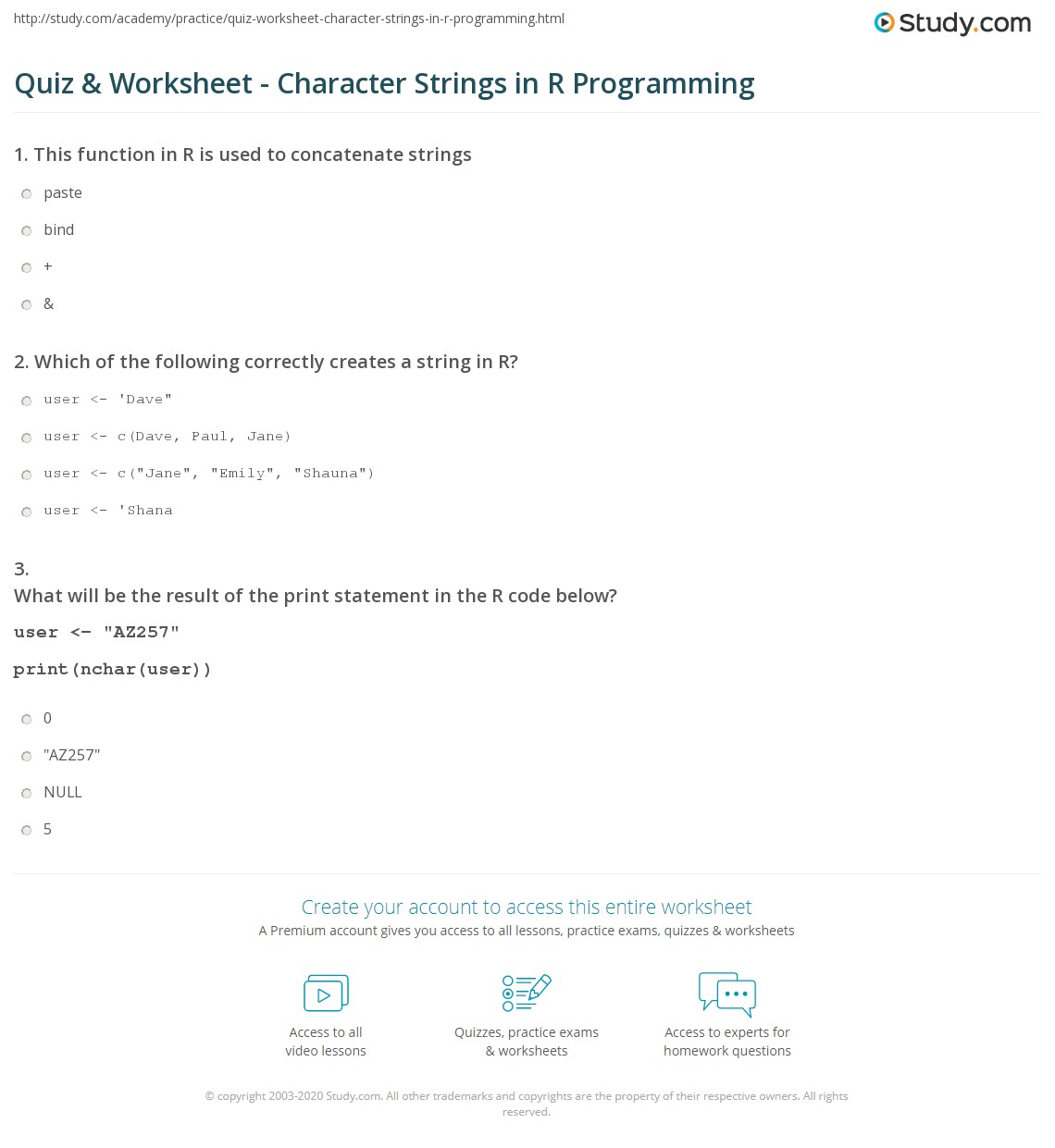 Quiz & Worksheet Character Strings in R Programming