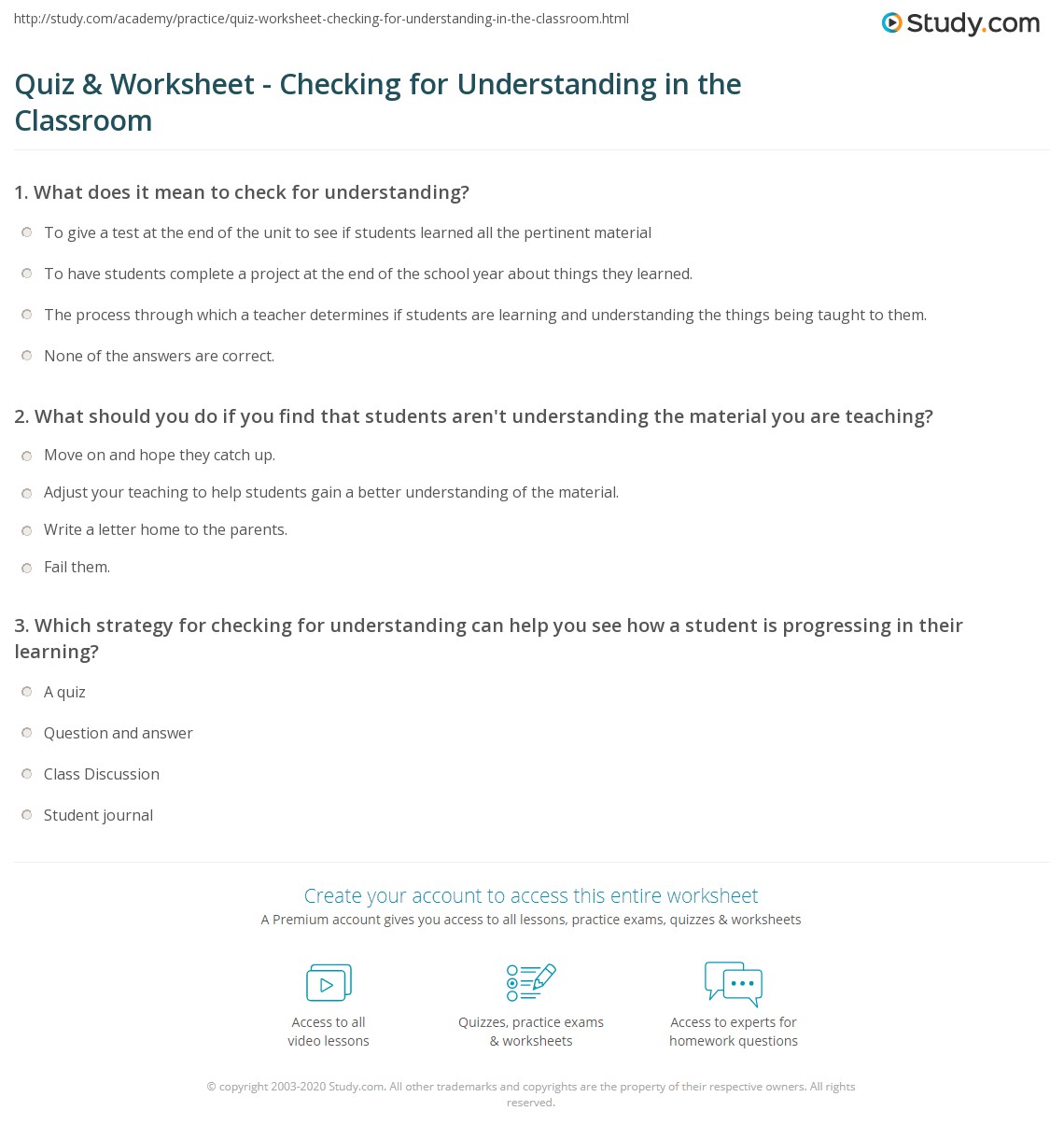 Quiz & Worksheet Checking for Understanding in the Classroom