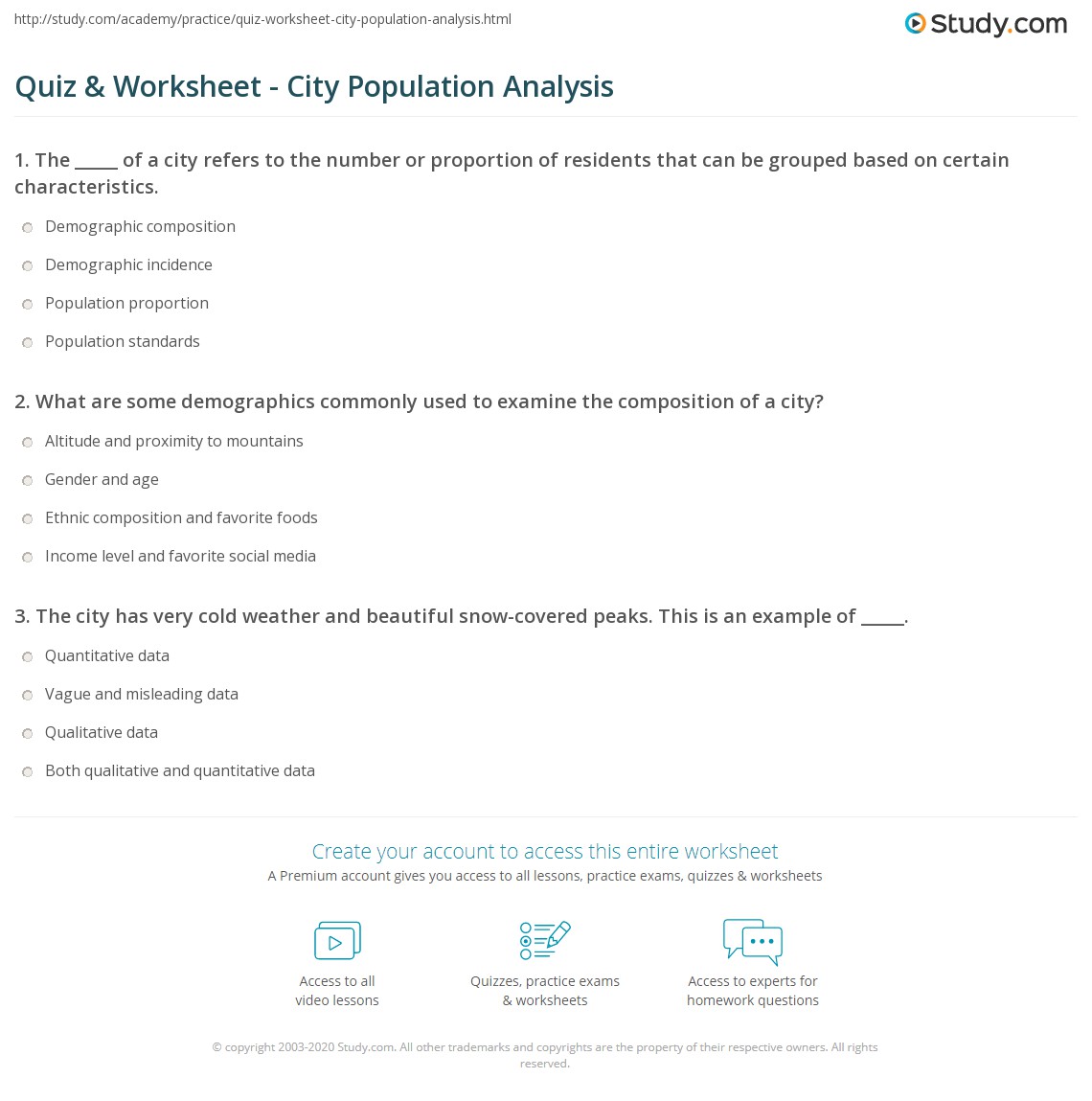 Quiz & Worksheet City Population Analysis