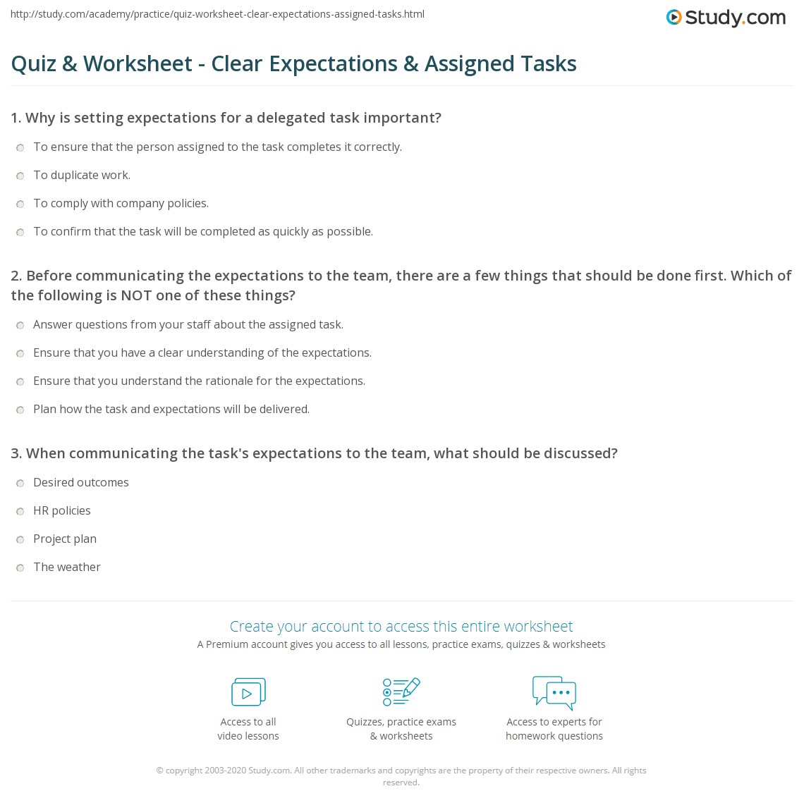 Quiz & Worksheet Clear Expectations & Assigned Tasks