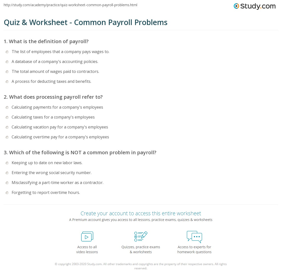 Quiz & Worksheet Common Payroll Problems