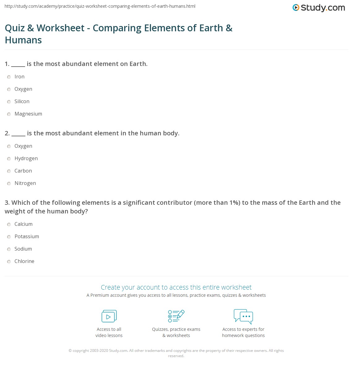 Quiz & Worksheet Comparing Elements of Earth & Humans
