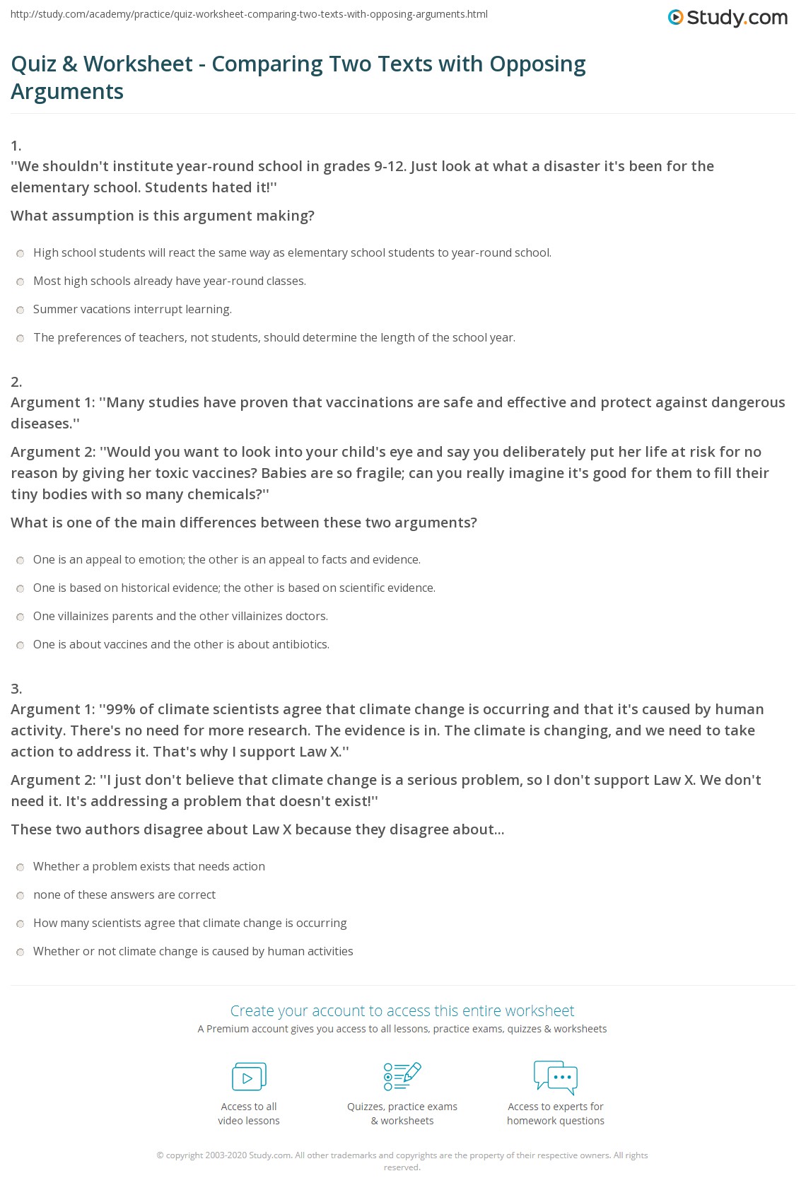 Quiz & Worksheet Comparing Two Texts with Opposing