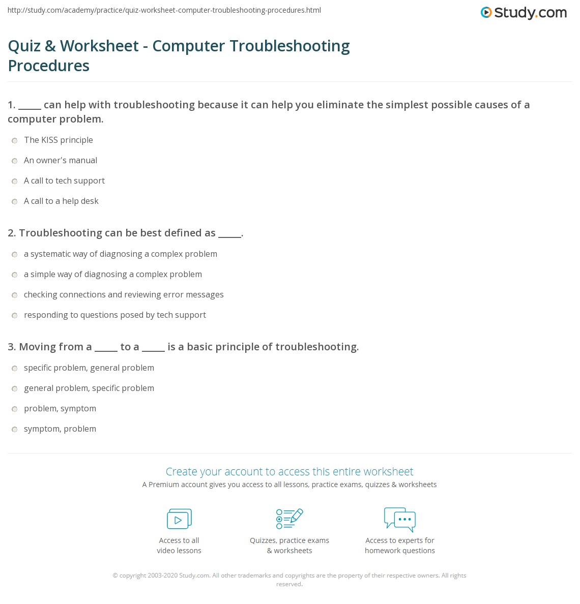 Quiz & Worksheet Computer Troubleshooting Procedures