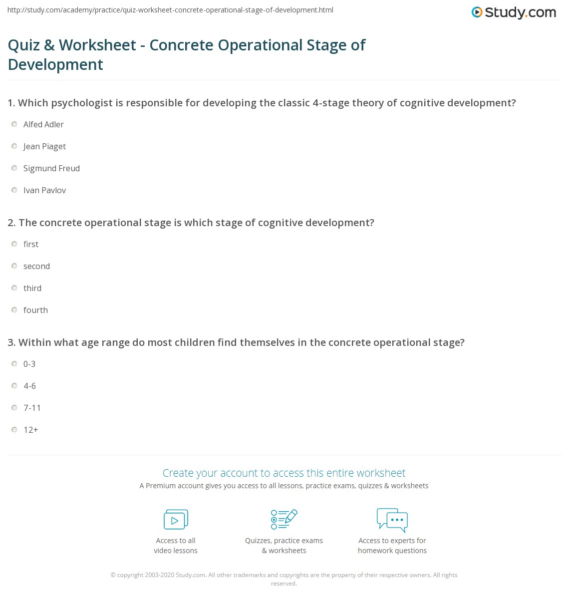Quiz & Worksheet Concrete Operational Stage of Development