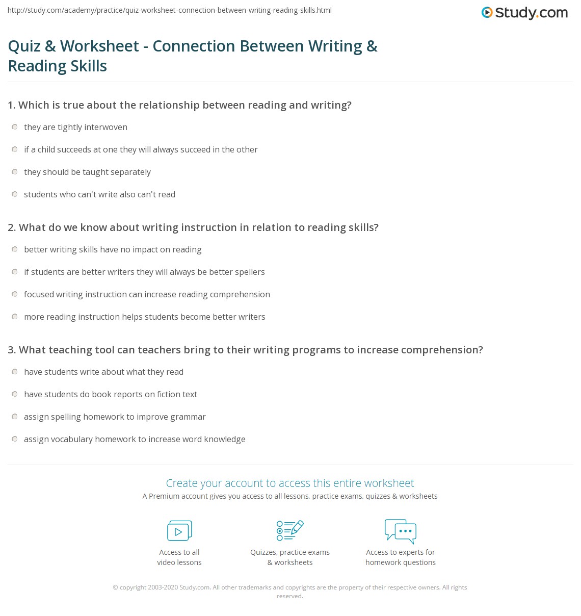 Quiz & Worksheet Connection Between Writing & Reading Skills