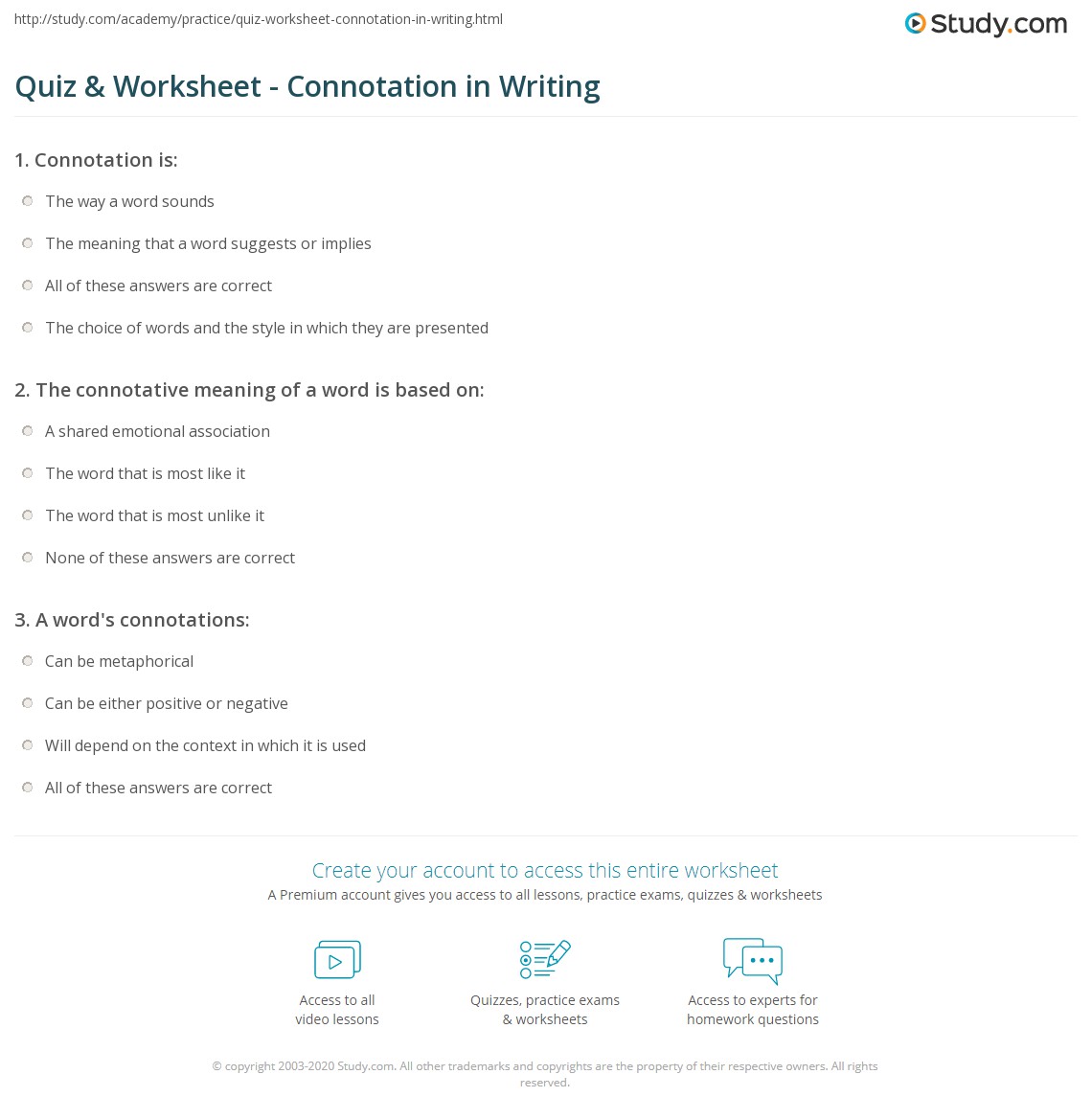 Quiz & Worksheet Connotation in Writing