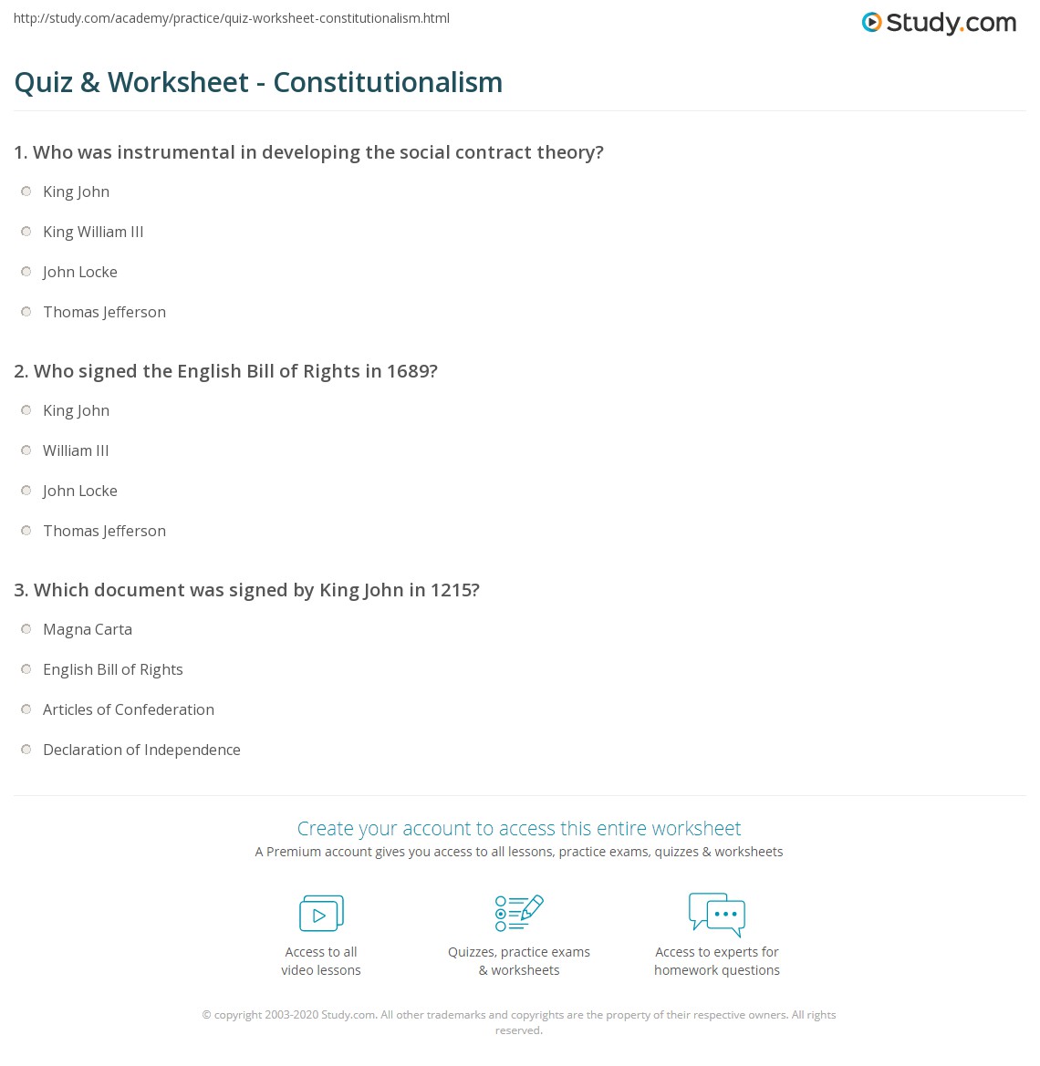 Quiz & Worksheet Constitutionalism
