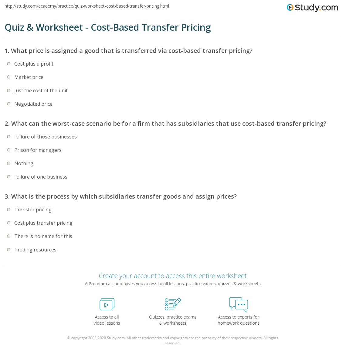 Quiz & Worksheet CostBased Transfer Pricing