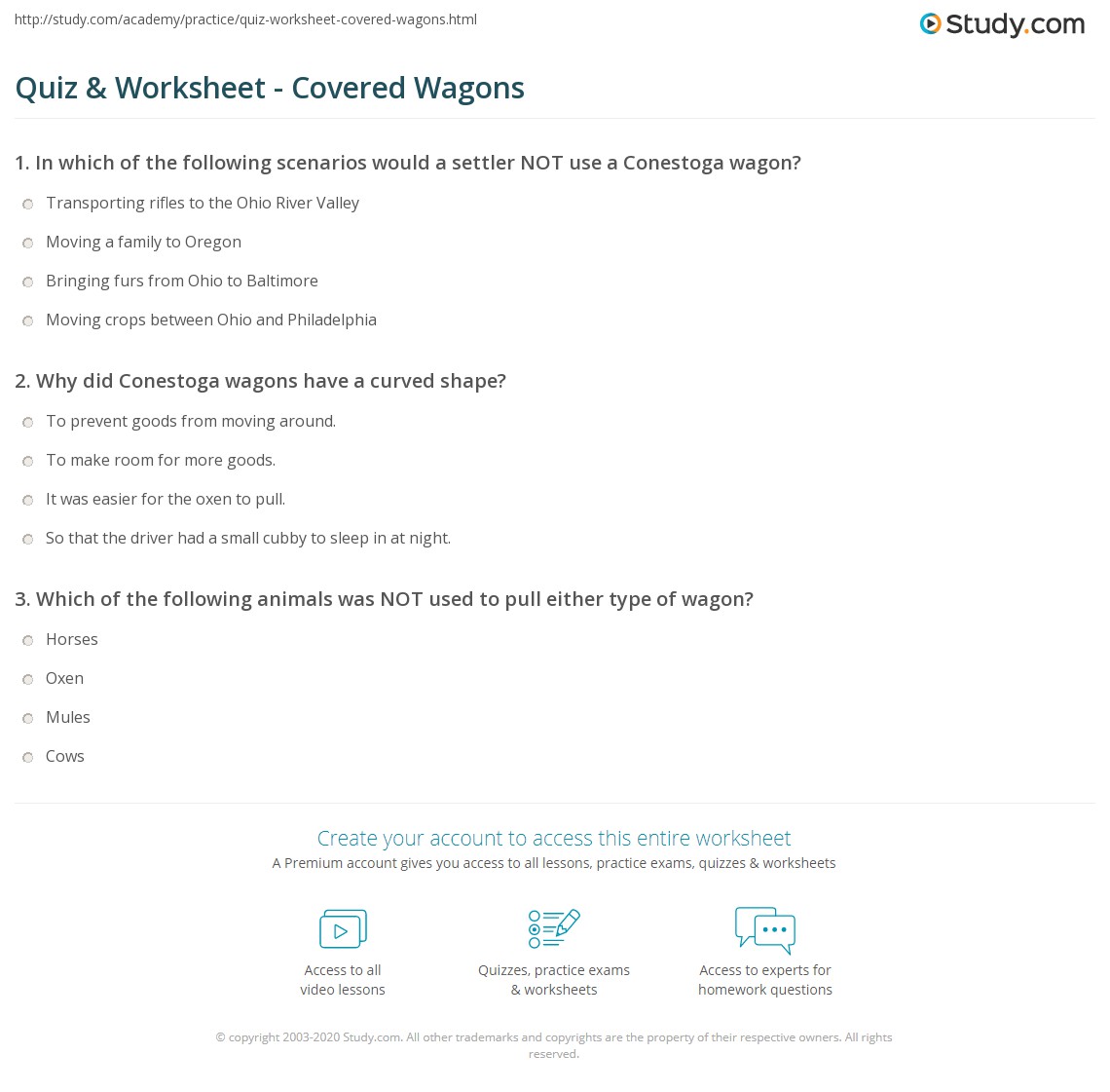 Quiz & Worksheet Covered Wagons