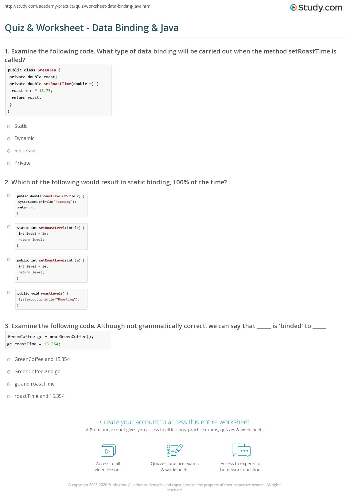 Quiz & Worksheet Data Binding & Java