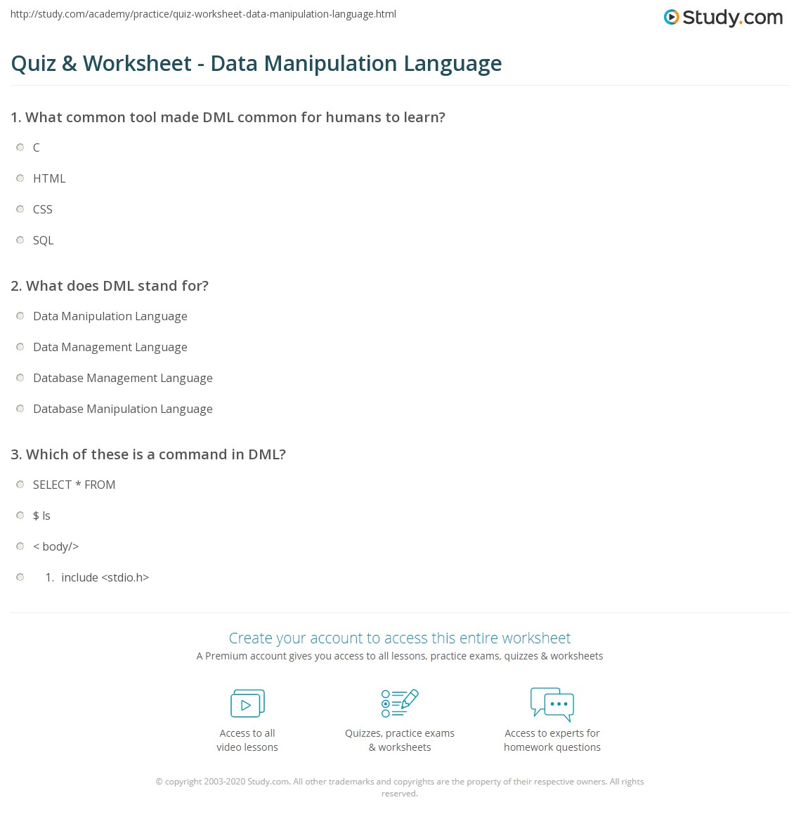Quiz & Worksheet Data Manipulation Language