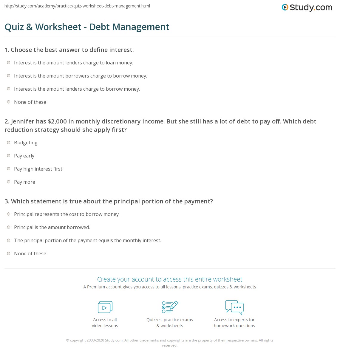 Quiz & Worksheet Debt Management