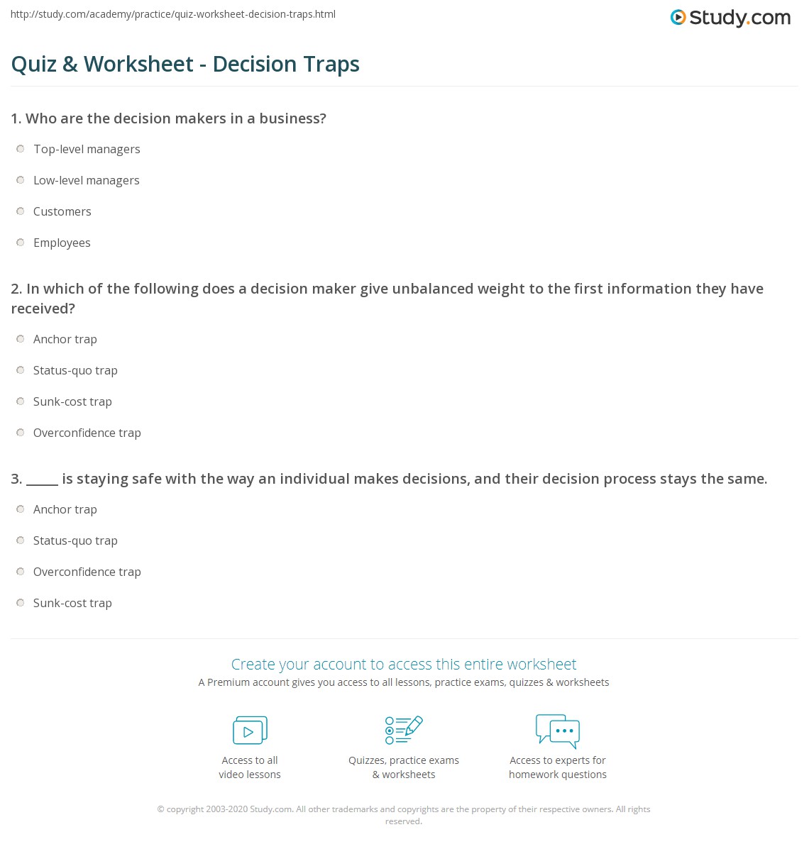Quiz & Worksheet Decision Traps