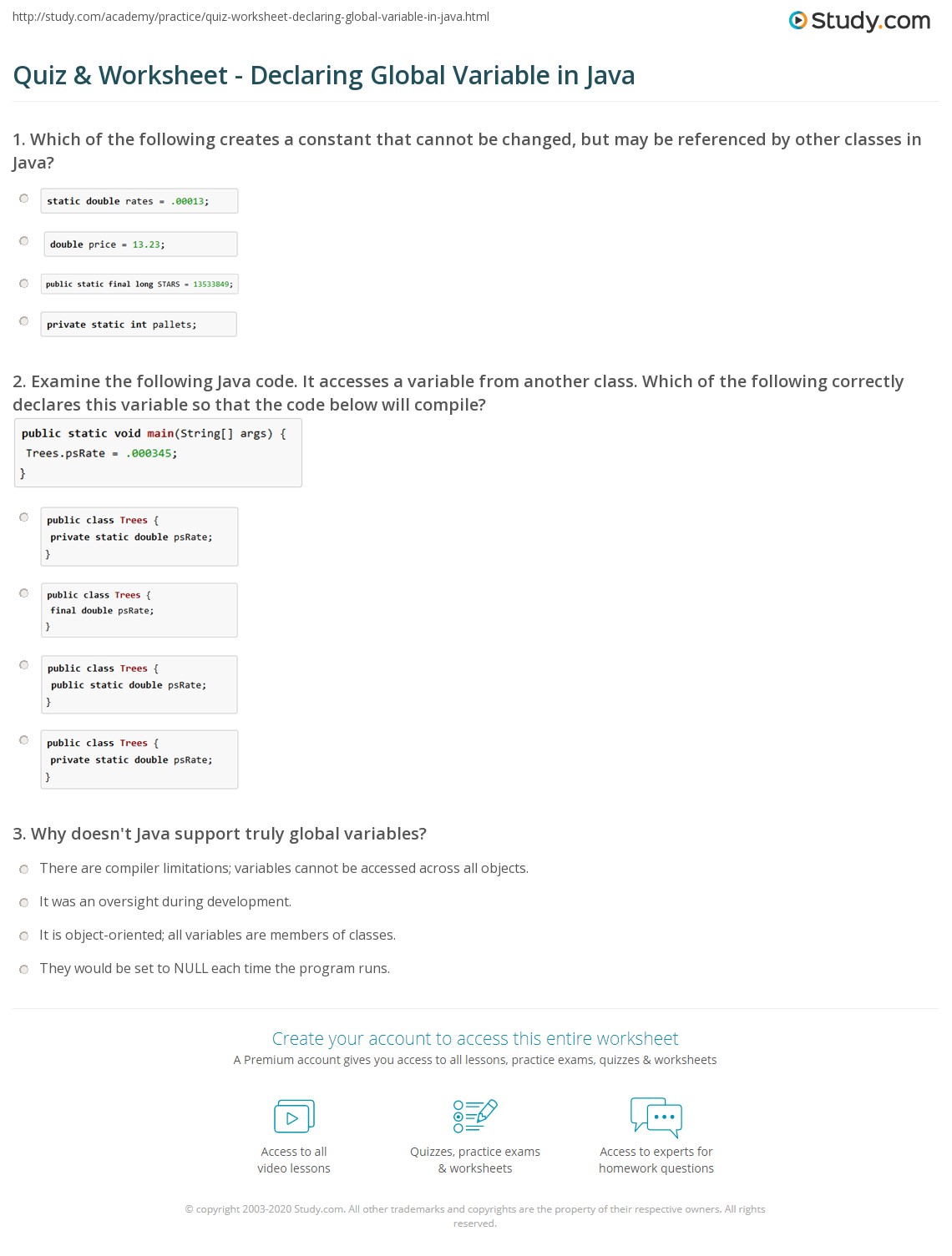 Quiz & Worksheet Declaring Global Variable in Java