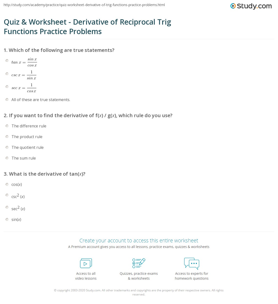 Quiz & Worksheet Derivative of Reciprocal Trig Functions Practice
