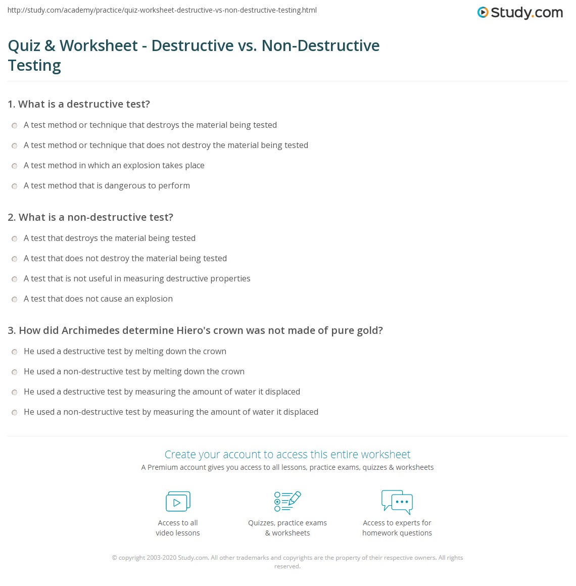 Quiz & Worksheet Destructive vs. NonDestructive Testing