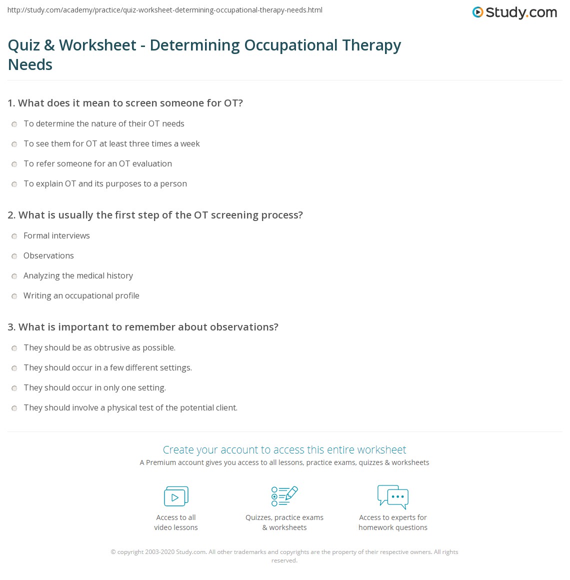Quiz & Worksheet Determining Occupational Therapy Needs