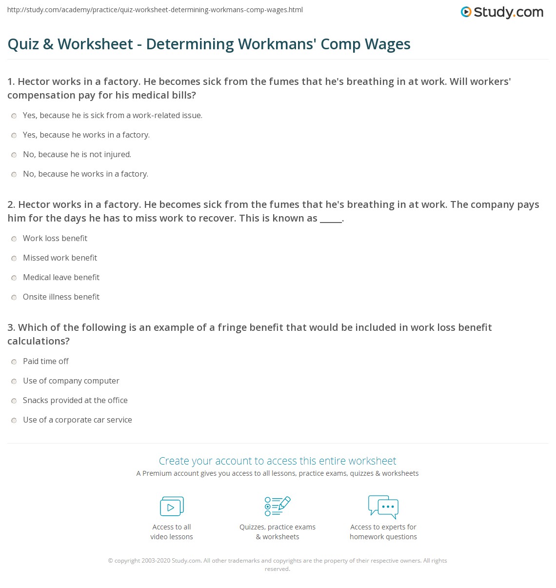 Quiz & Worksheet Determining Workmans' Comp Wages
