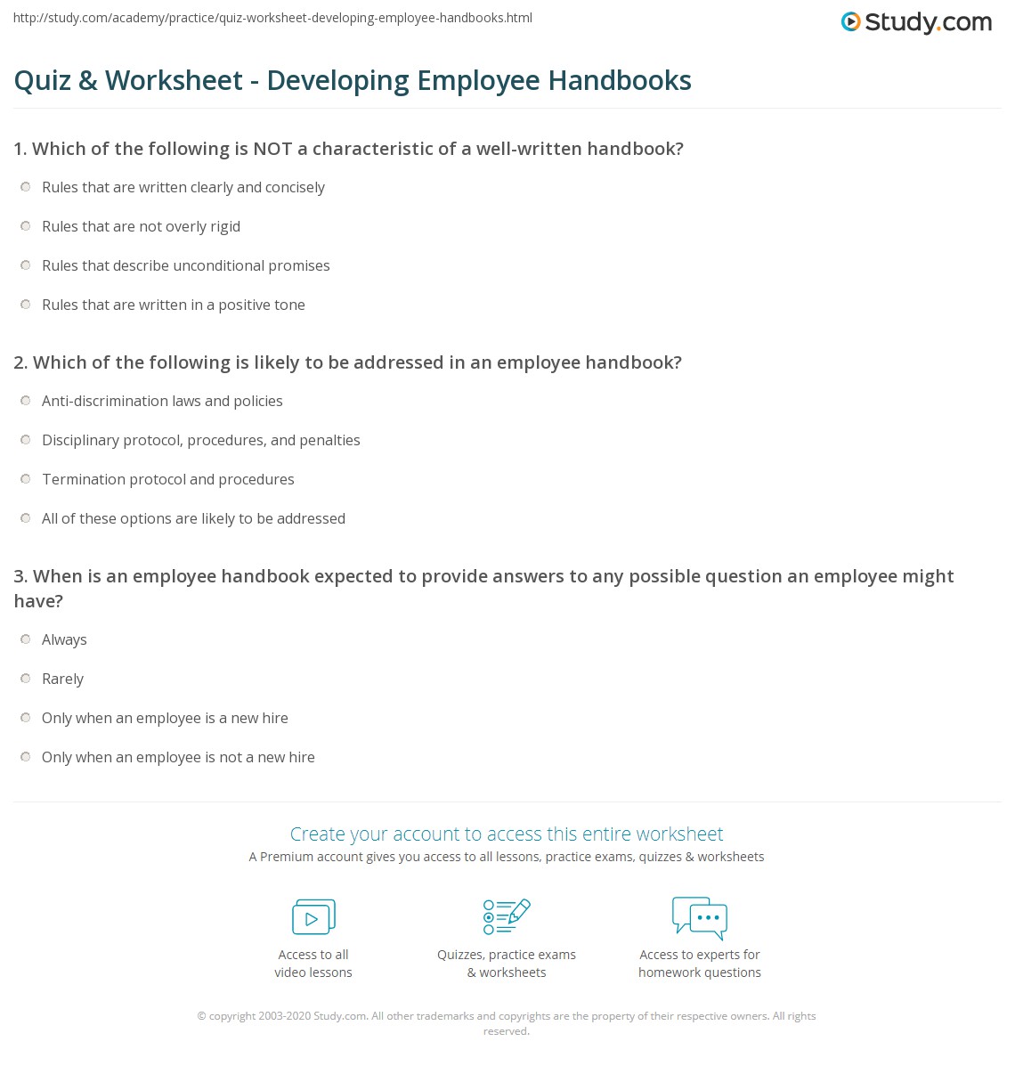 Quiz & Worksheet Developing Employee Handbooks