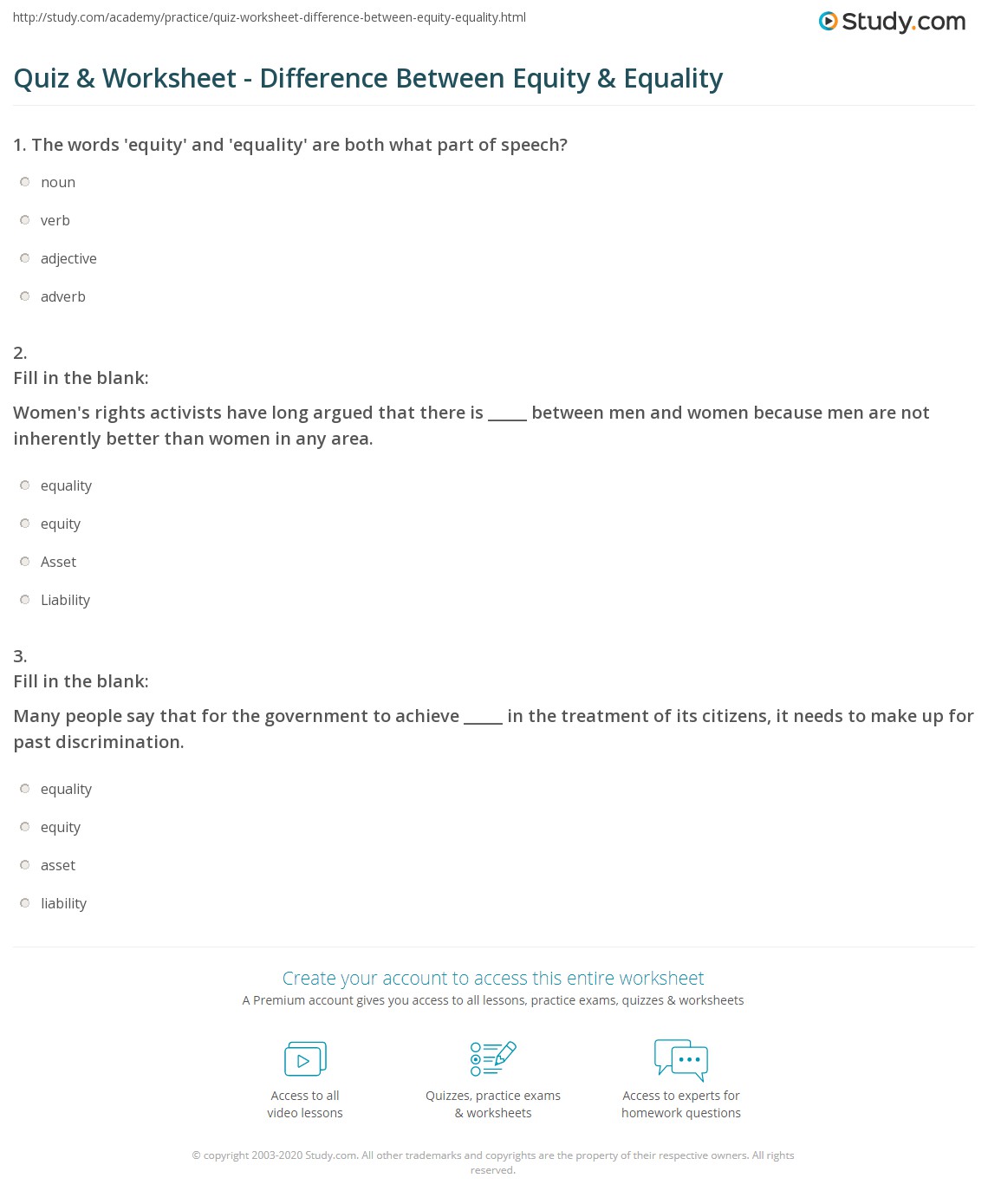 Quiz & Worksheet Difference Between Equity & Equality
