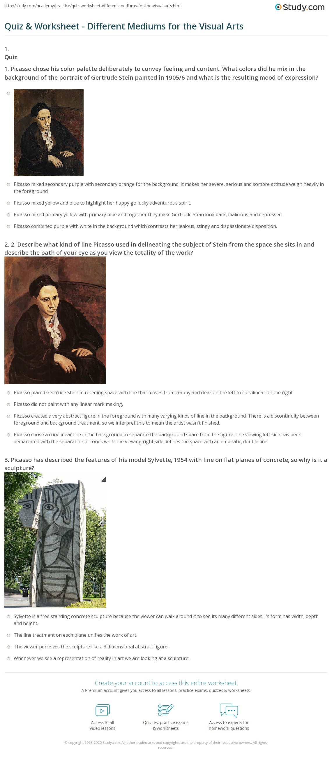 Quiz & Worksheet Different Mediums for the Visual Arts