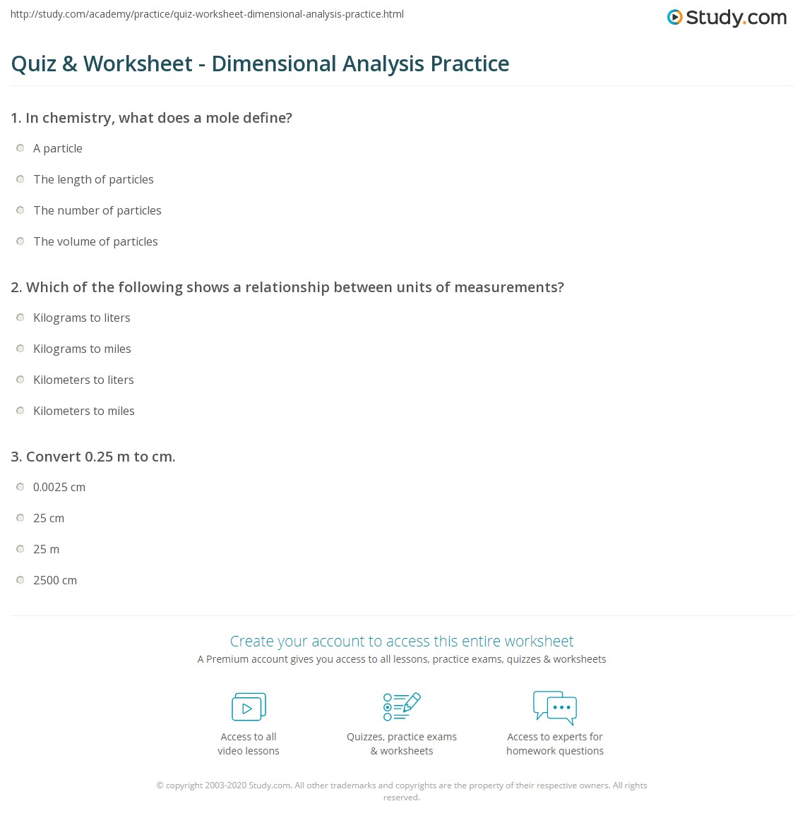 Quiz & Worksheet Dimensional Analysis Practice