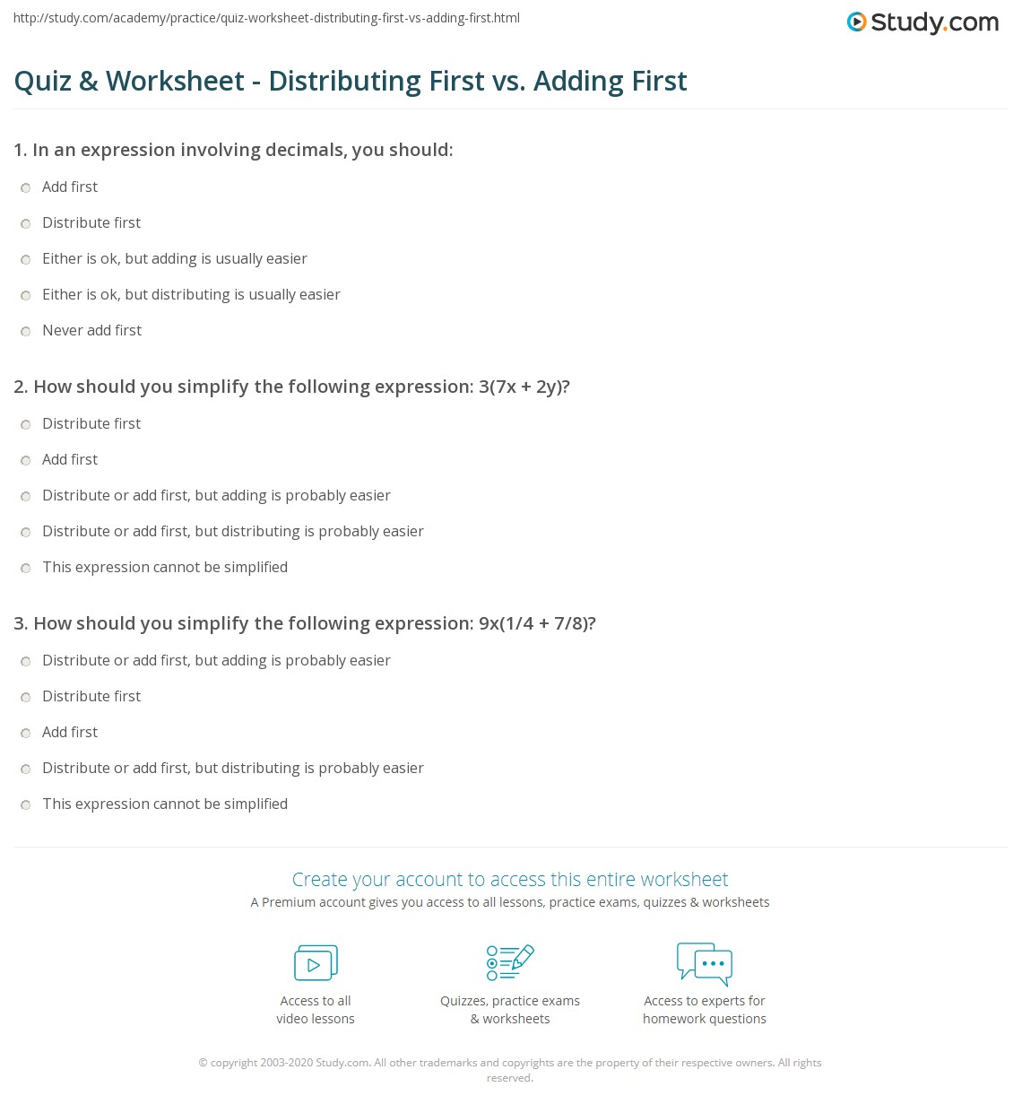 Quiz & Worksheet Distributing First vs. Adding First