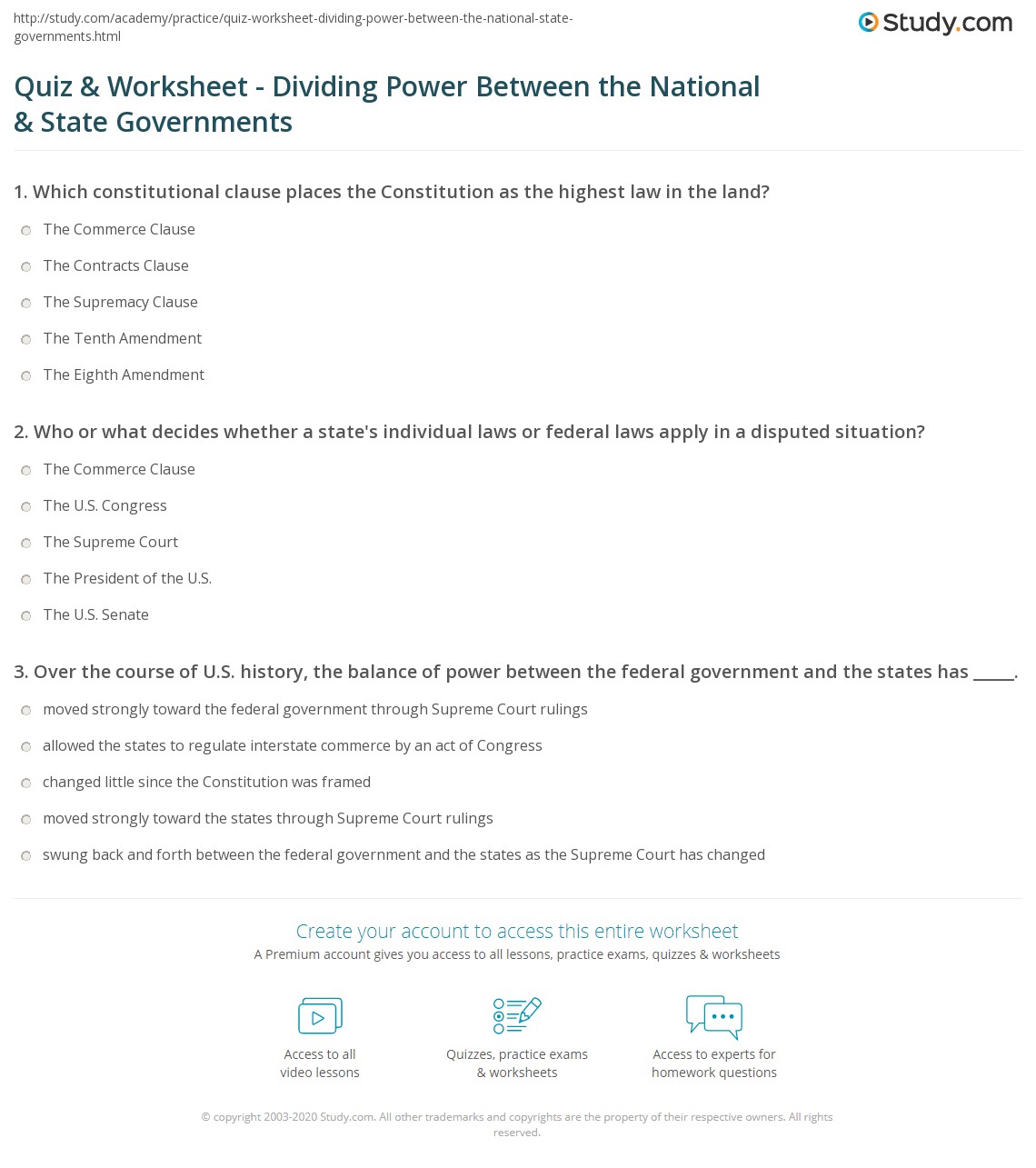 Quiz & Worksheet Dividing Power Between the National & State