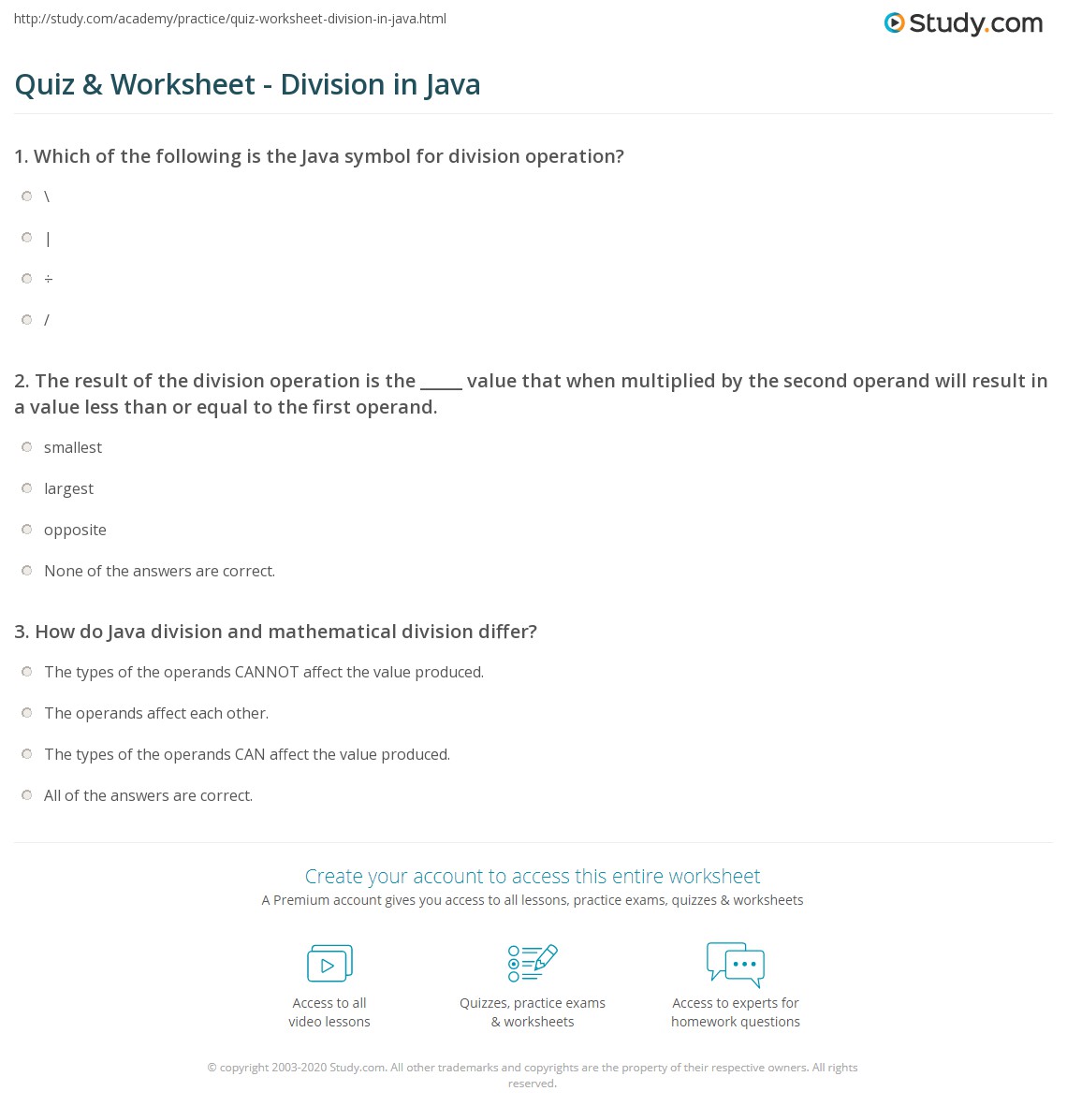 Quiz & Worksheet Division in Java
