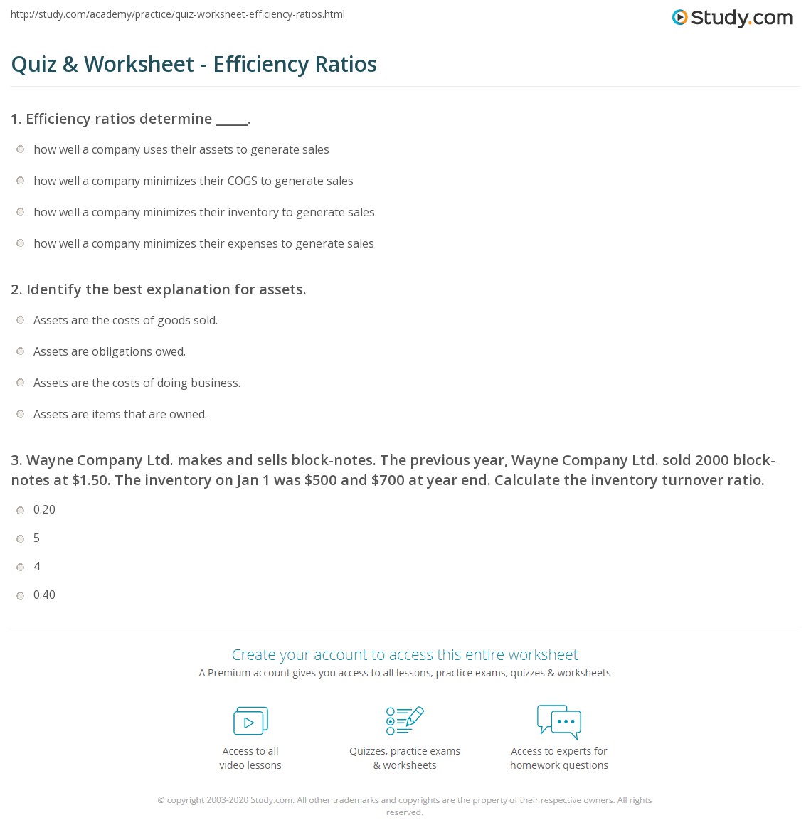 Quiz & Worksheet - Efficiency Ratios | Study.com