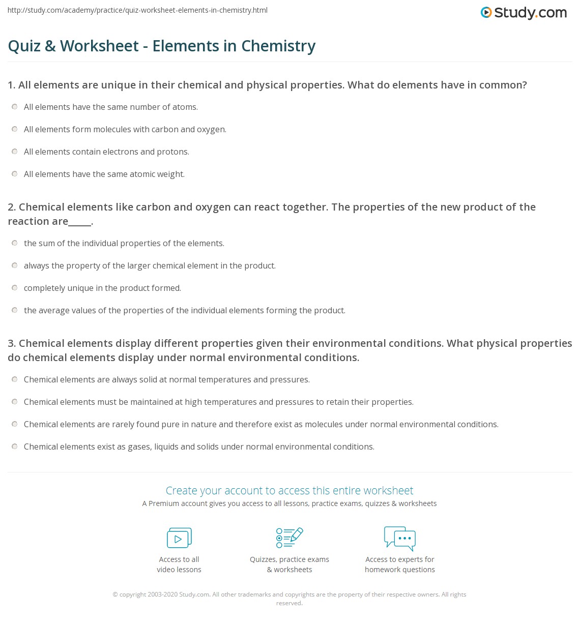 Quiz & Worksheet - Elements in Chemistry | Study.com