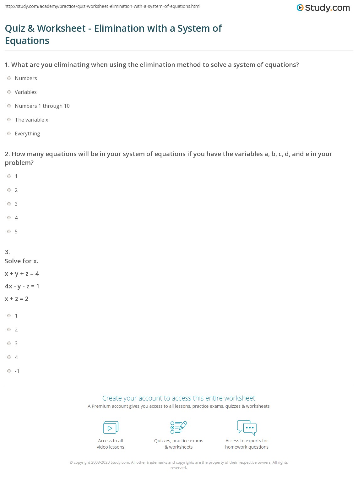 Quiz & Worksheet Elimination with a System of Equations