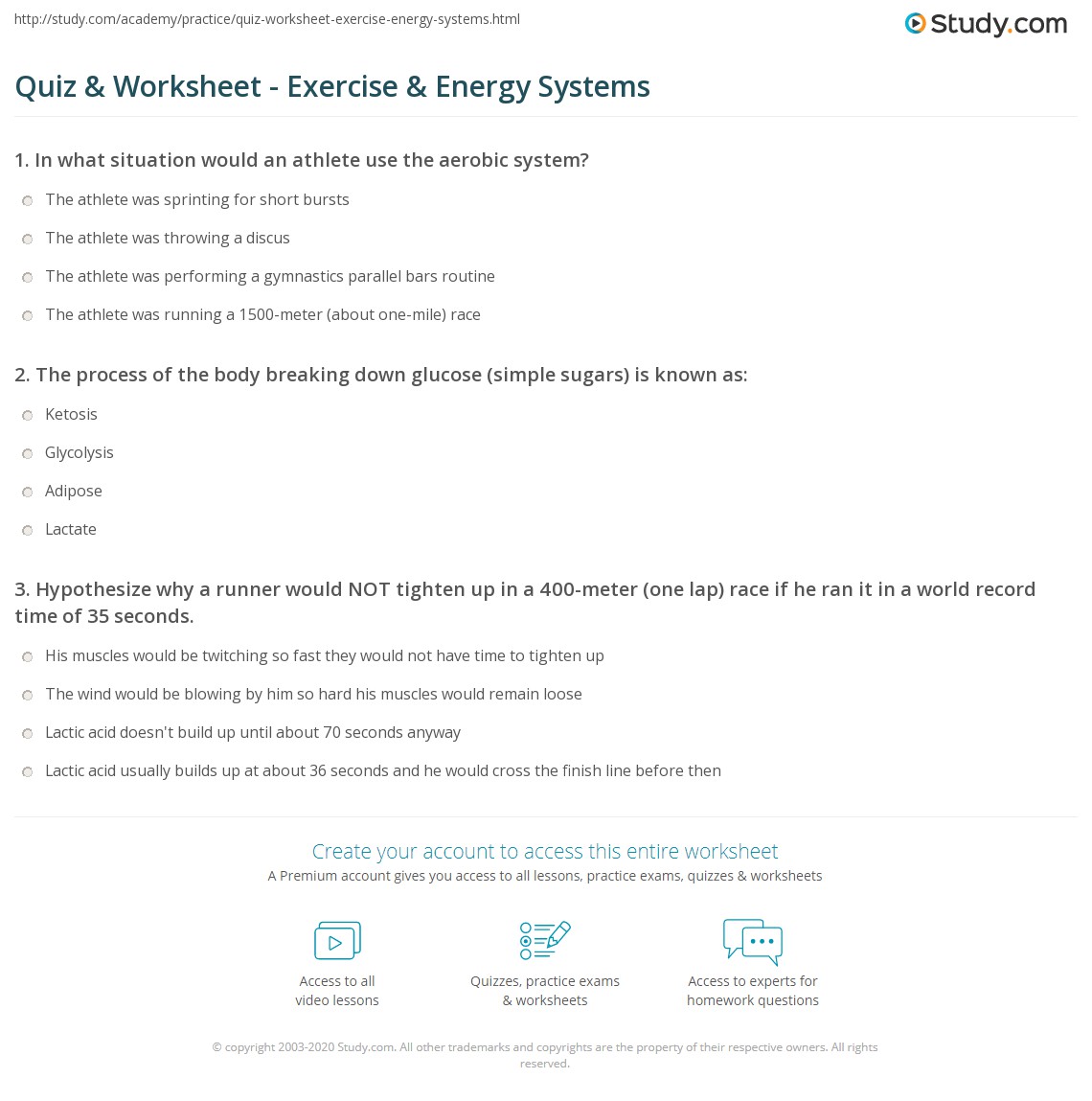 Quiz & Worksheet Exercise & Energy Systems