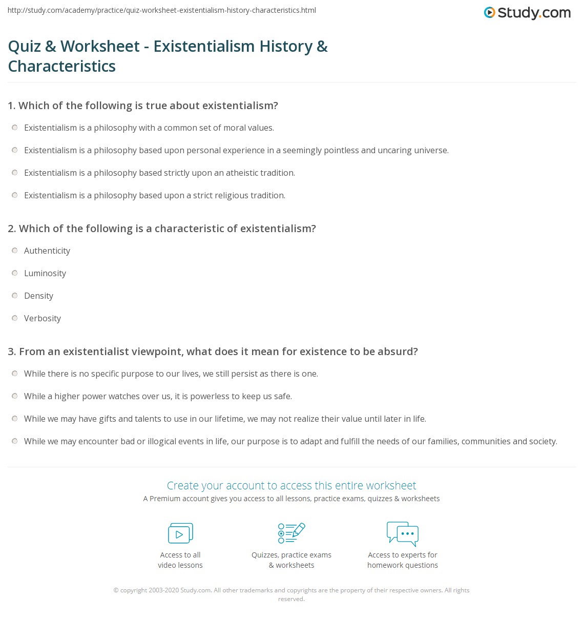 Quiz & Worksheet Existentialism History