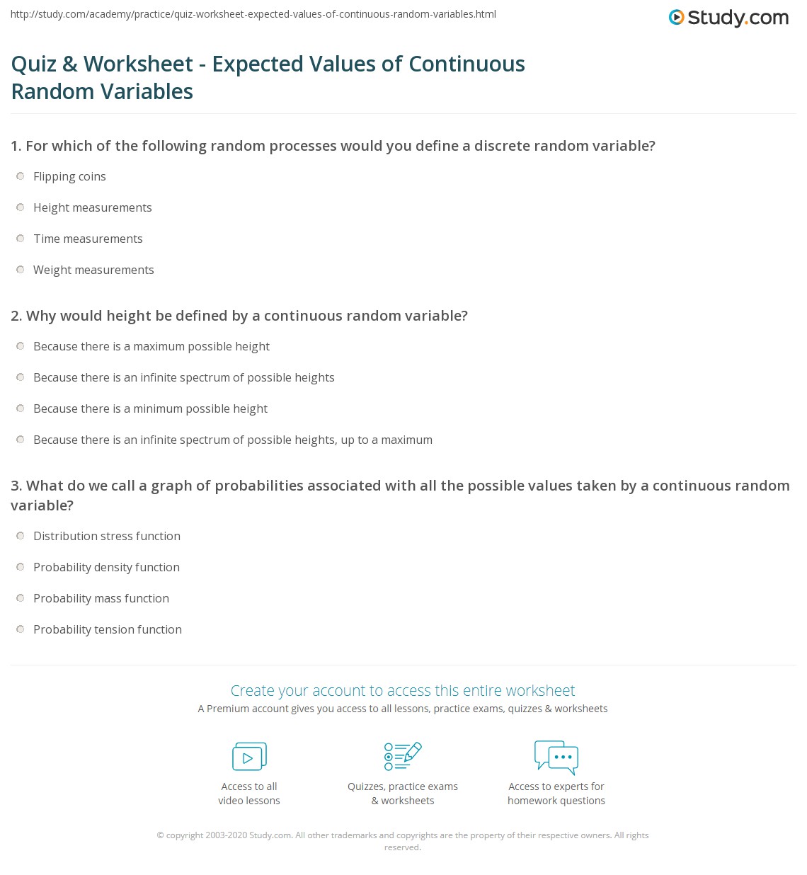 Quiz & Worksheet Expected Values of Continuous Random Variables