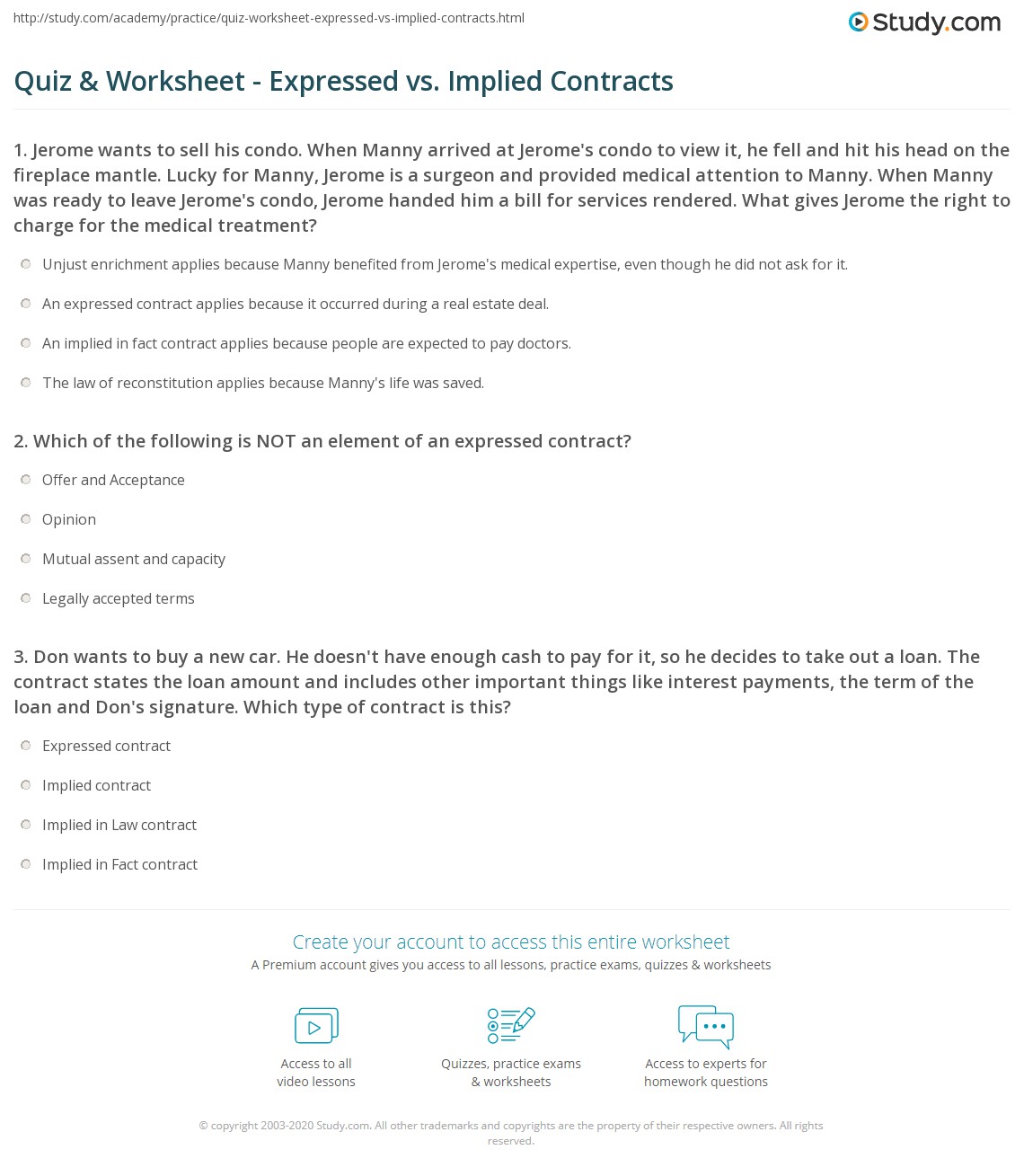 Quiz & Worksheet Expressed vs. Implied Contracts