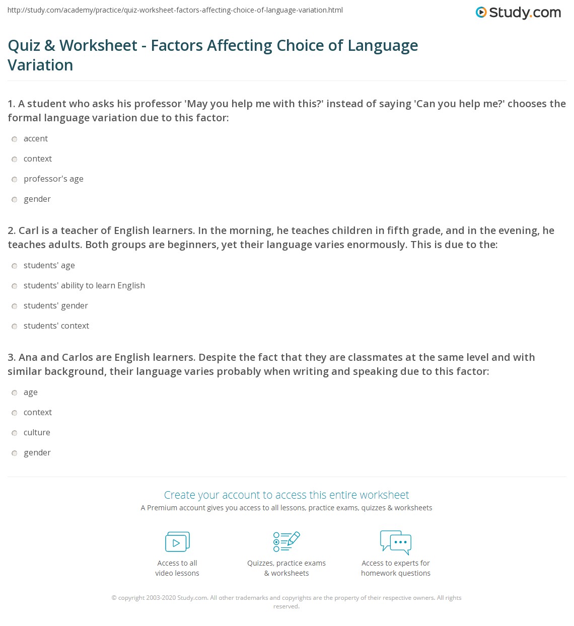 Quiz & Worksheet Factors Affecting Choice of Language Variation