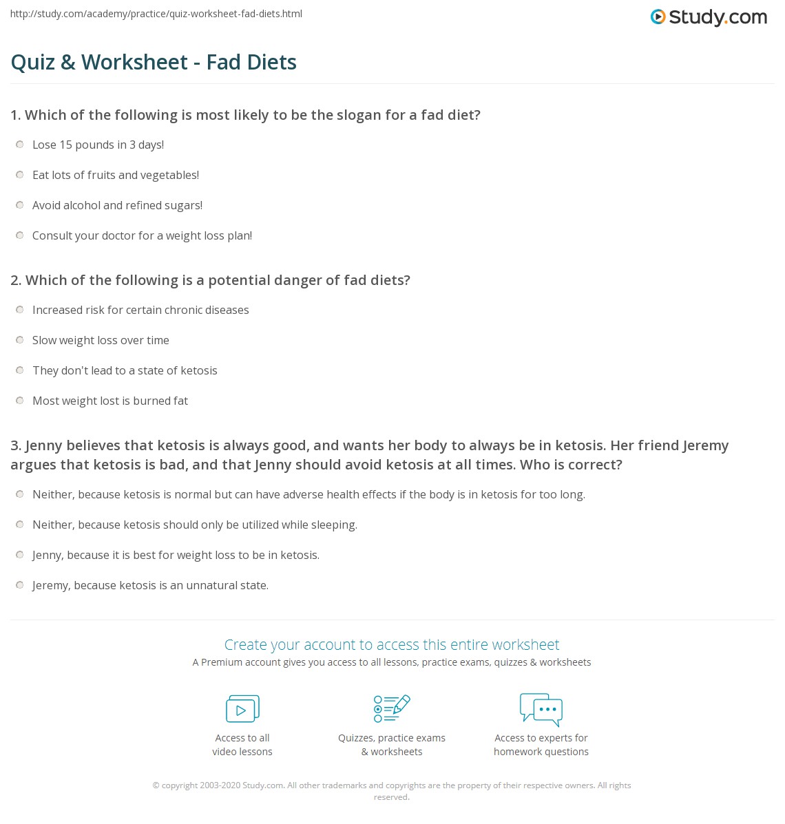Quiz & Worksheet Fad Diets
