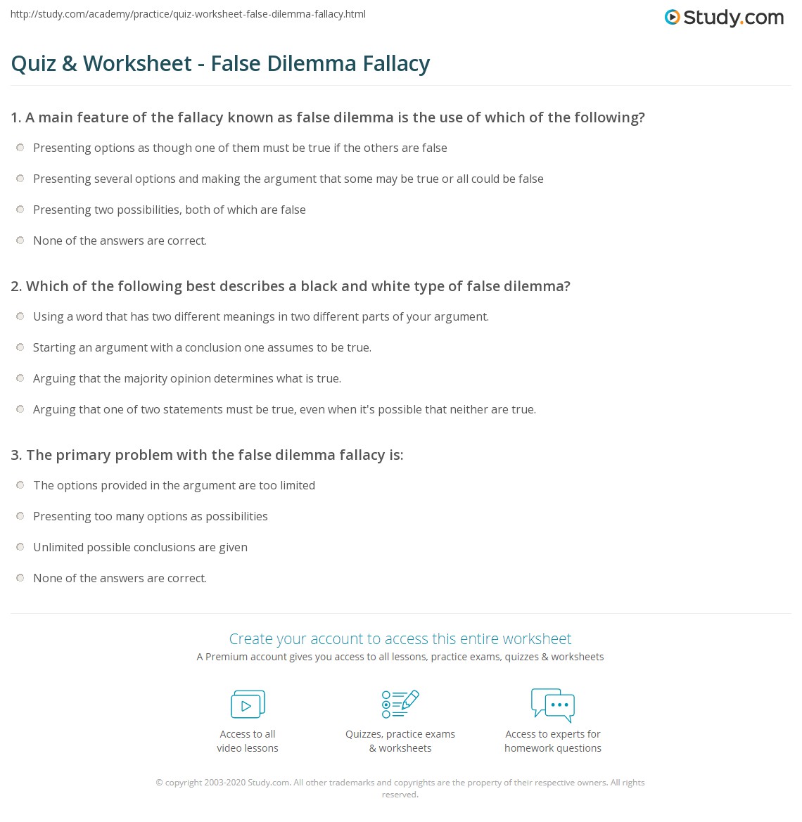 Quiz & Worksheet False Dilemma Fallacy
