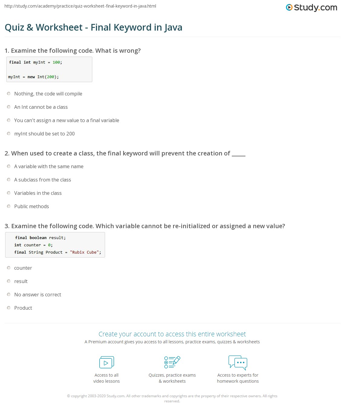 Quiz & Worksheet Final Keyword in Java