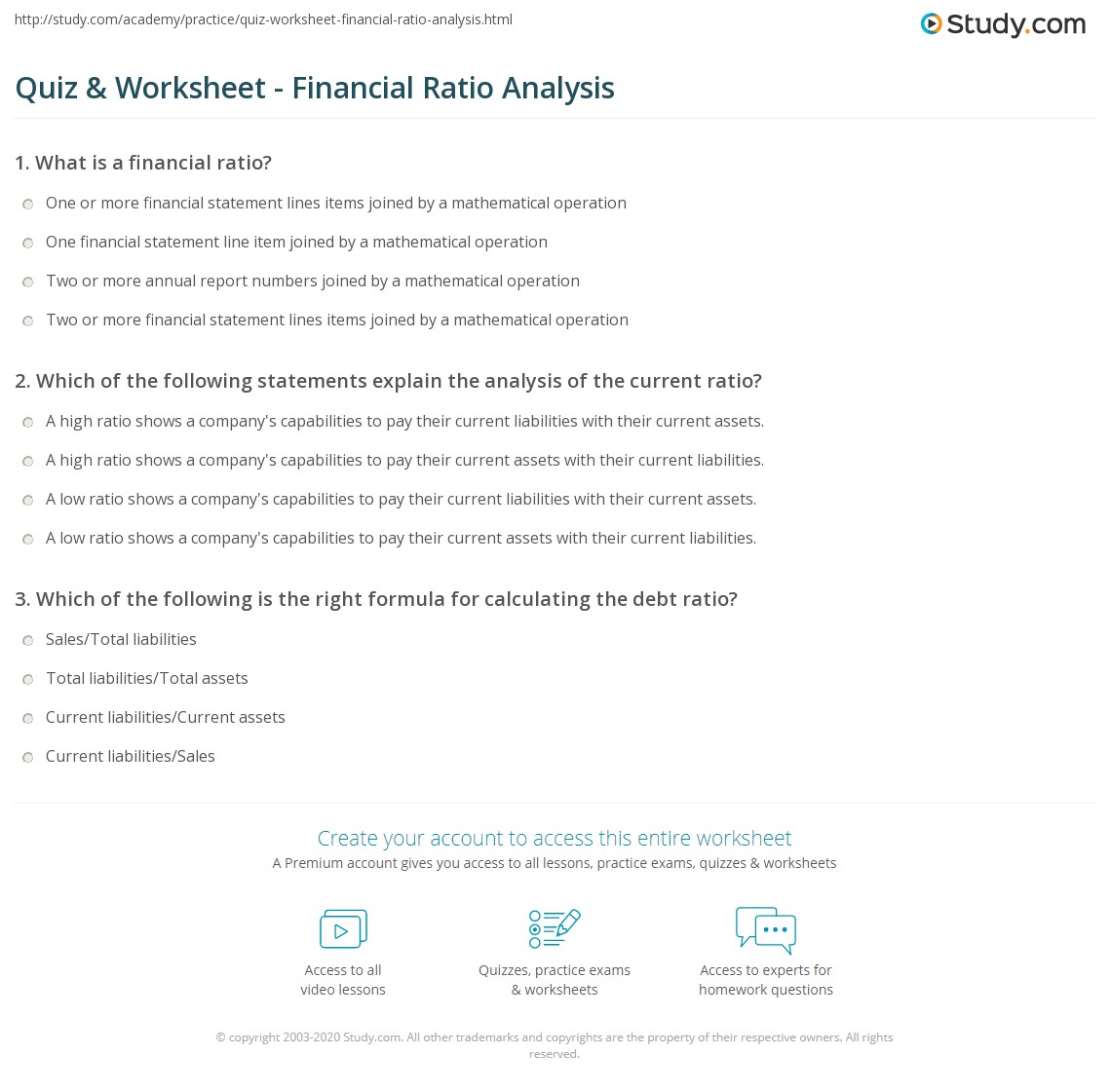Quiz & Worksheet Financial Ratio Analysis