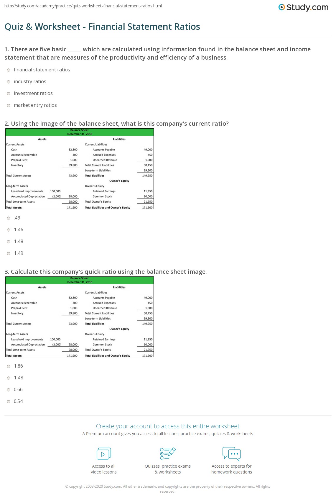 Quiz & Worksheet Financial Statement Ratios