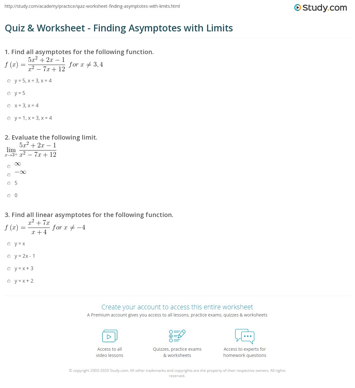 Quiz & Worksheet Finding Asymptotes with Limits